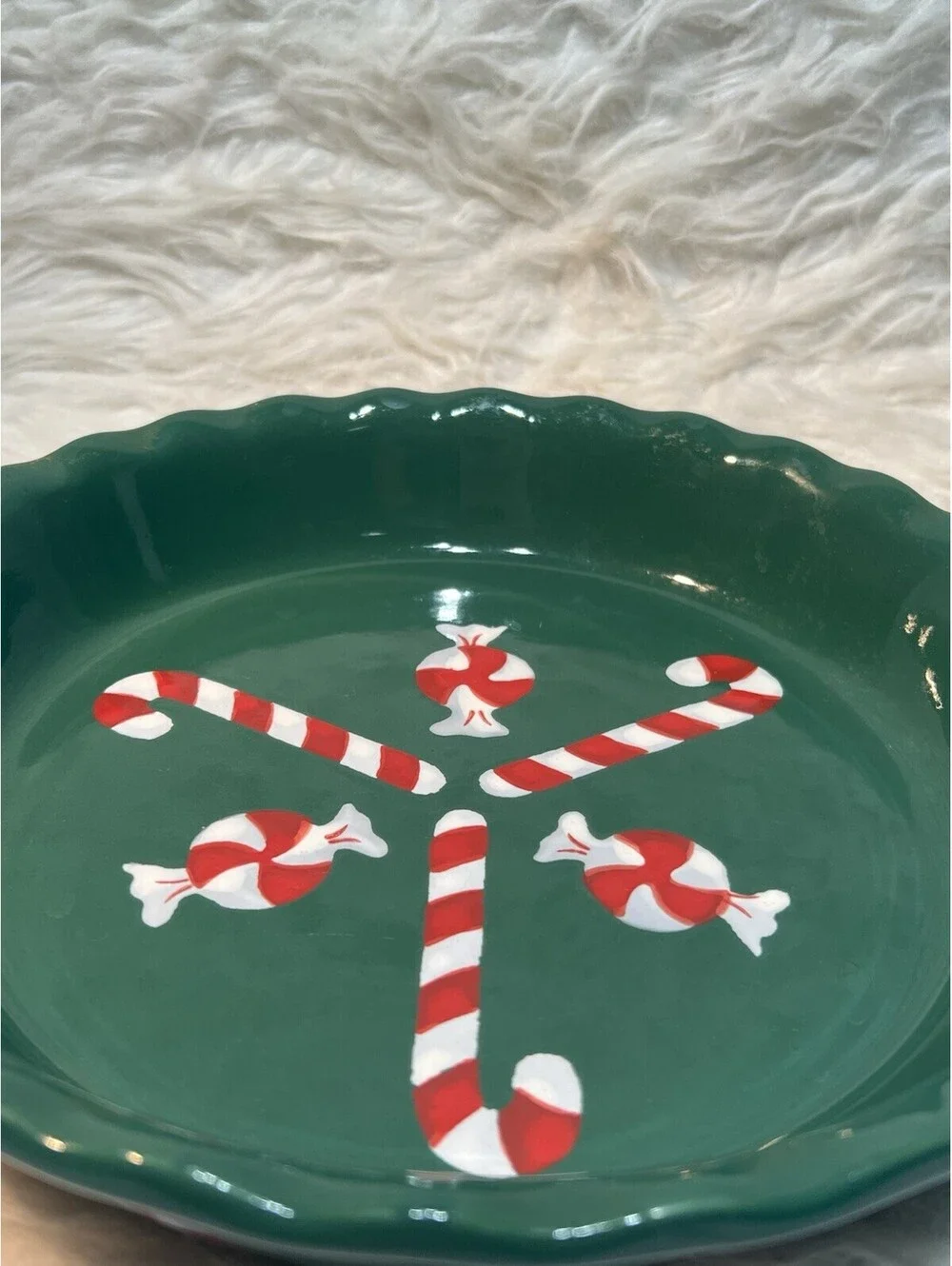 Christmas Candy Cane Ceramic Green Pie Dish